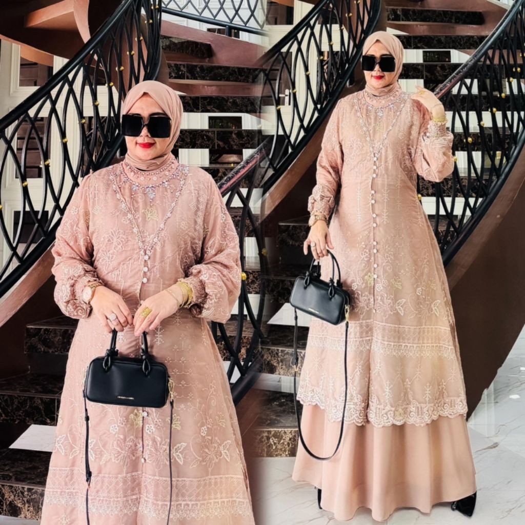 ellenaQueen—New Collection Gamis Sahira Set hijab Organzan Bordir mix Ceruty Babydoll Aksen Payet SW