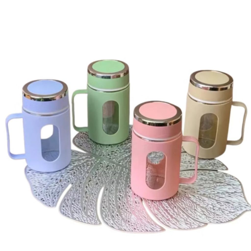 Gelas dengan Tutup & Pegangan Warna Pastel 500ml Gelas Minum Cantik Anti Panas untuk Kopi, Teh, Susu