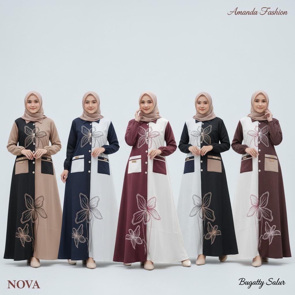 Gamis Amanda Nova Bahan Bugatti Salur Bordir Bunga ( Free Goodie Bag & Pouch)