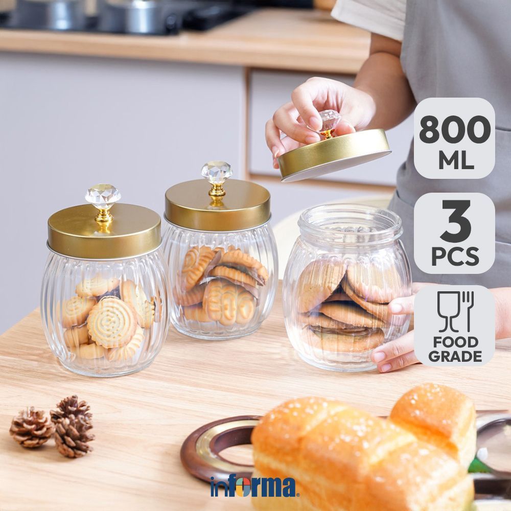 Informa 800 ml Set 3 Pcs Winona Stoples Kaca Jar Tempat Simpan Snack Dan Permen Setoples Toples Serb
