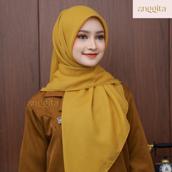 ANGGITA Jilbab PNS Mustard Segiempat Paris Premium Hijab Dinas Khaki Muda Kerudung ASN Nyaman - Segi
