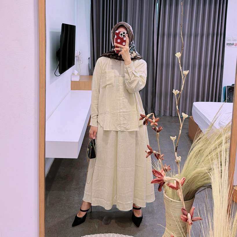 Setelan Rok Kemeja Butik Nels Delisha Bahan Polo Linen Premium Enamosa Keren
