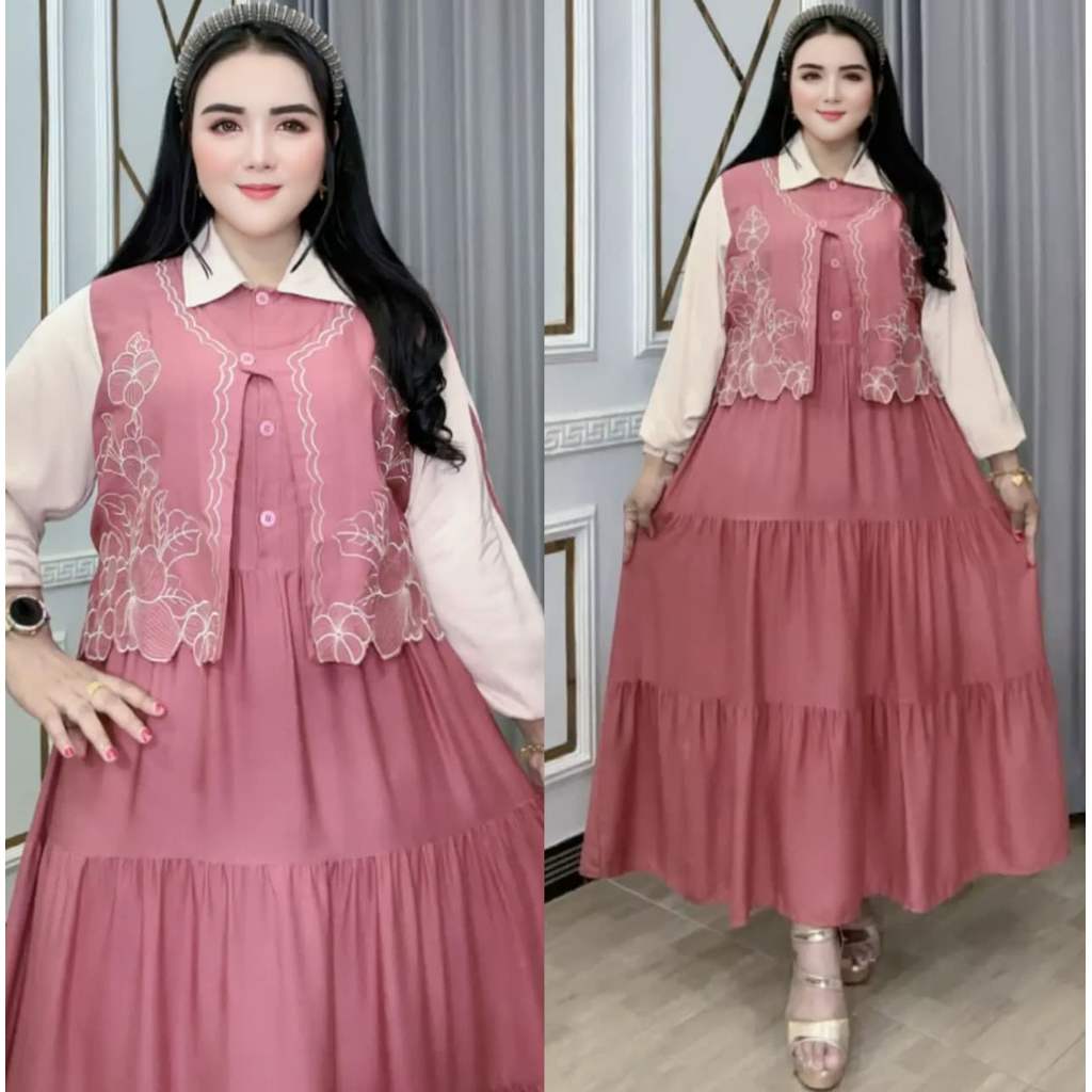 Midi Dress Wanita Pakaian Rompi Bordir Yansira 0205 3760 Rayon Twill Busui Kancing Aktif Rompi Bordi