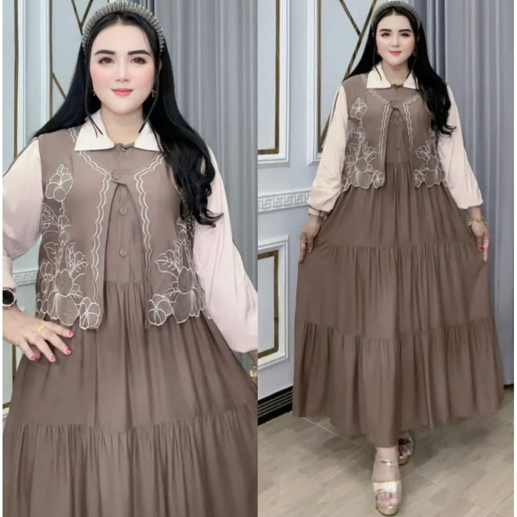 Midi Dress Wanita – Pakaian Rompi Bordir Yansira 0205 3760 Rayon Twill Busui Kancing Aktif Rompi Kan