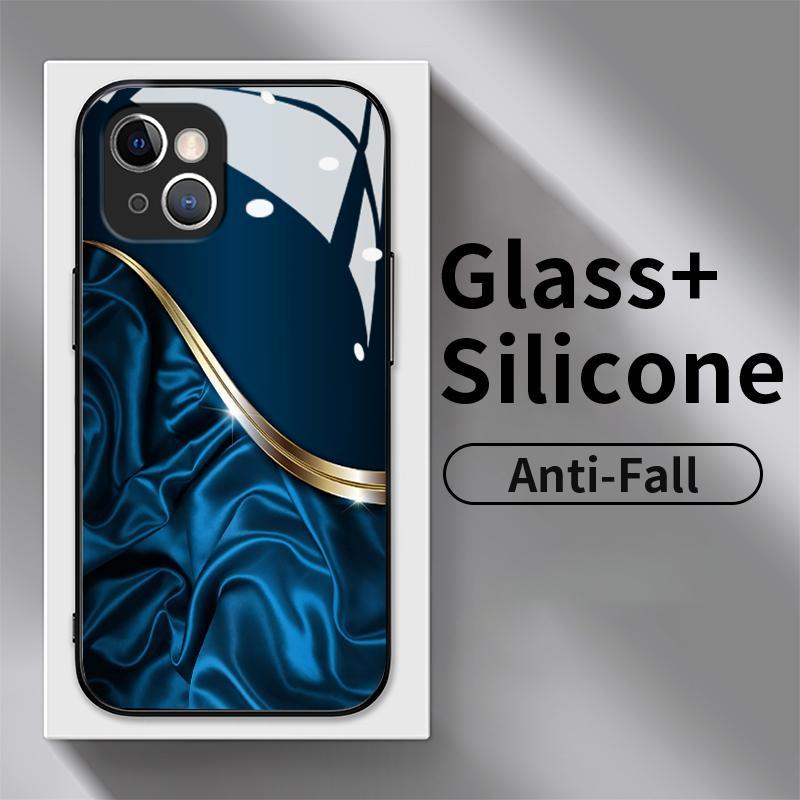 Tempered Glass Case For Iphone 13 11 Pro Max 12 Mini 14 Plus 15 Silicone Back Simple Ripple Hard