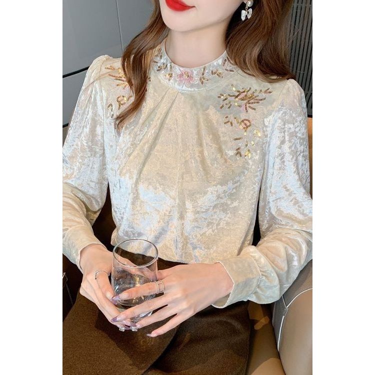 Top beludru, kemeja dasar, kemeja longgar, gaya chic, top cantik.