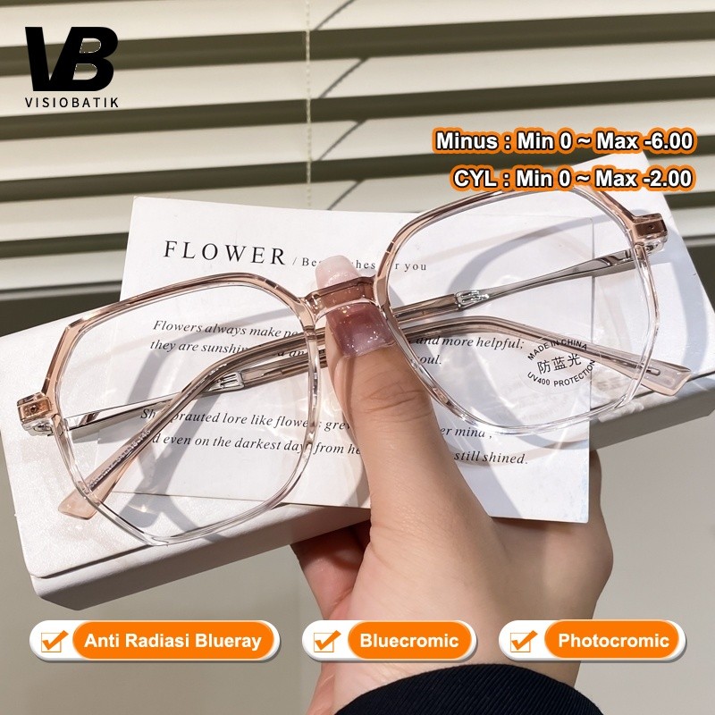 VisioBatik kacamata minus Anti Radiasi Blueray Round kacamata wanita minus 2 in 1 Bluecromic Photocr