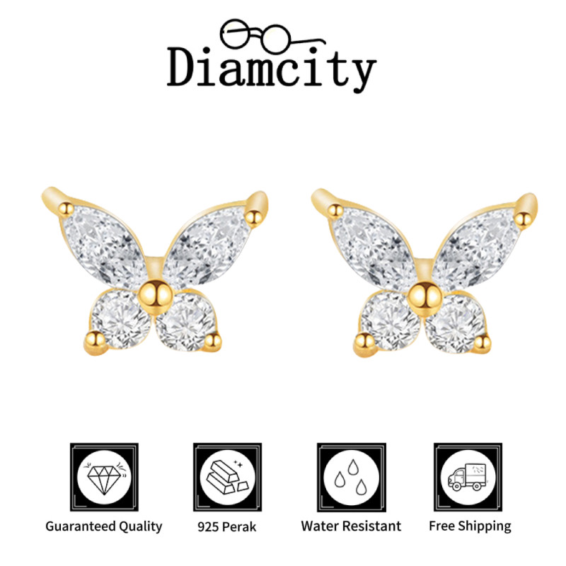 Anting-anting Stud Kupu-kupu Kecil Berlapis Emas Mewah Ringan dengan Berlian untuk Wanita