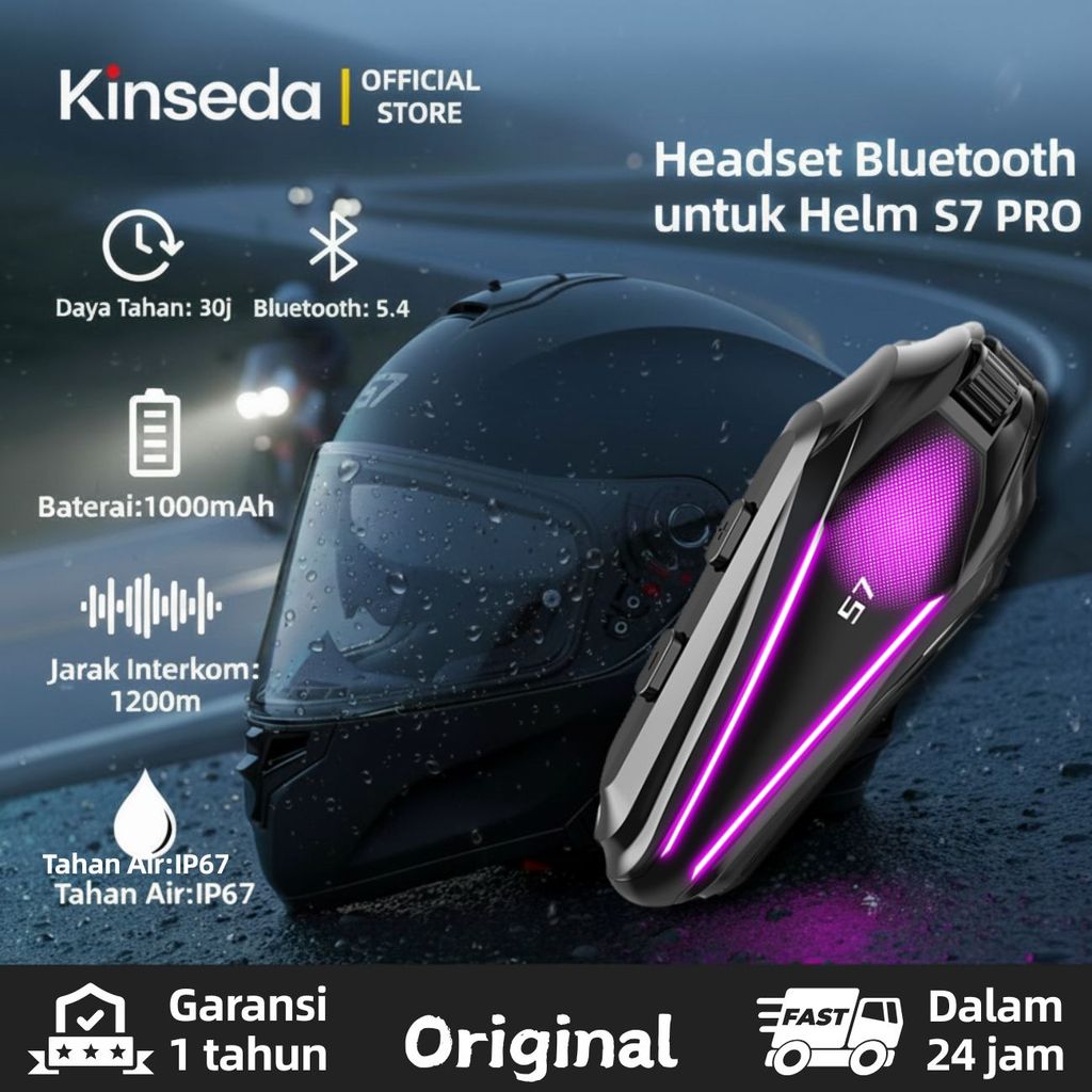 Kinseda S7 Headset Bluetooth Helm - Interkom  Full Duplex Antar Merek, Jangkauan 1200m, Tahan Air IP