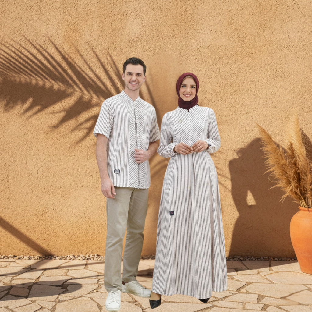 MUTIF Pasangan Couple Dewasa Adam Hawa Maroon Koko Tangan Pendek Gamis Stripe Garis Merah Putih
