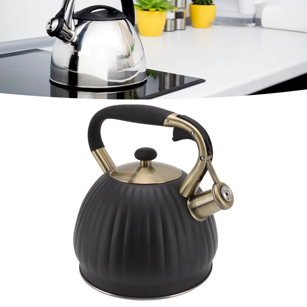 3.5L Whistling Tea Kettle Stainless Steel Pumpkin Shape Tea Pot Stovetop Teapot Black Stainless Stee