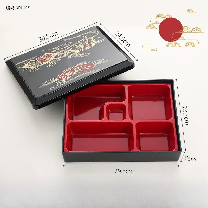 Japanese-Style Bento Box Wood-Grain Pattern Plastic Lunch Container Rectangular Compartmentalized Bu