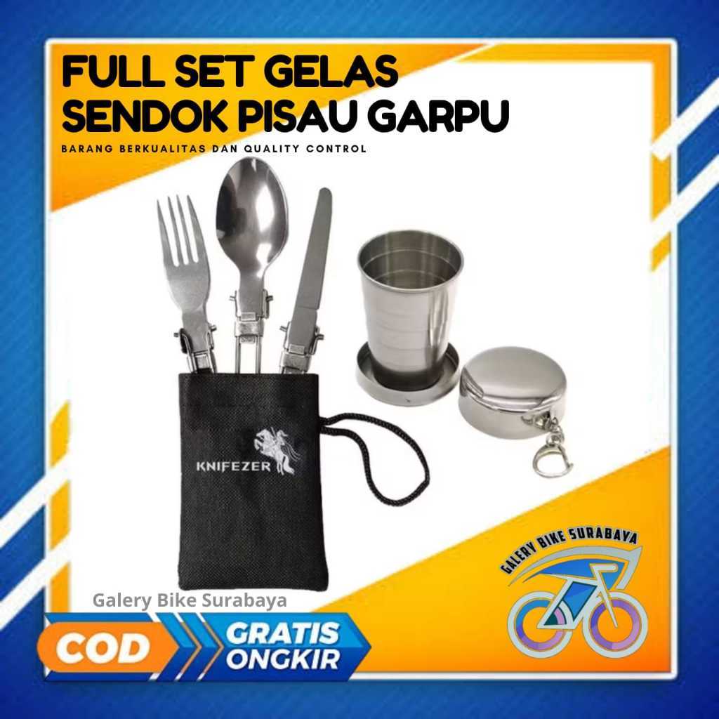 PAKET KNIFEZER Sendok garpu pisau lipat GELAS SET portable stainless steel CAMPING OUTDOOR TRAVEL