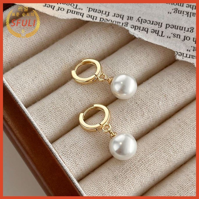 Anting Hoop Emas Mutiara Prancis Elegan Wanita