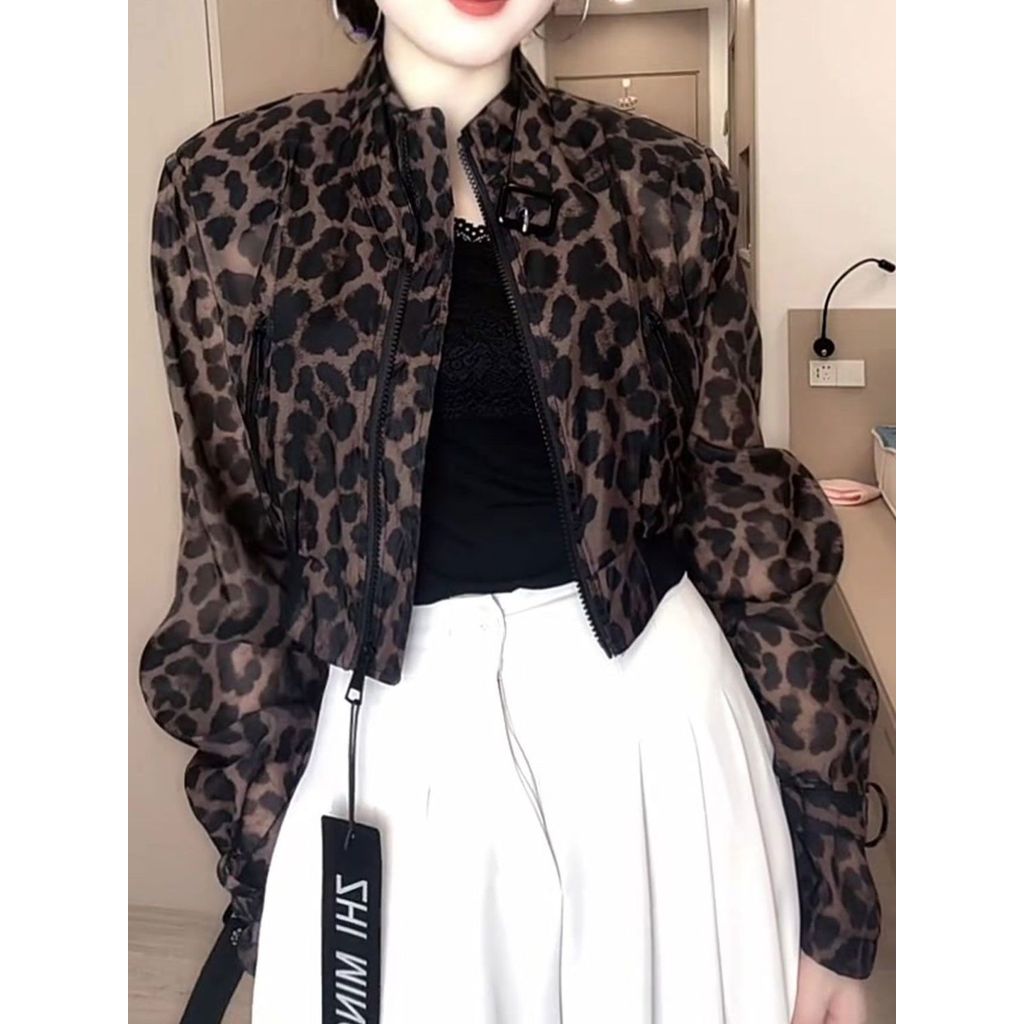 Jaket Cetak Leopard Kerah Berdiri Ritsleting Fashion Baru Wanita