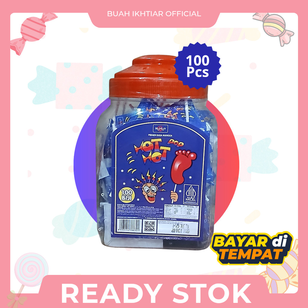 Hot Hot Pop Permen Kaki Toples Isi 100 Pcs - Lolipop Kaki Merah Jadul All Variant Rasa