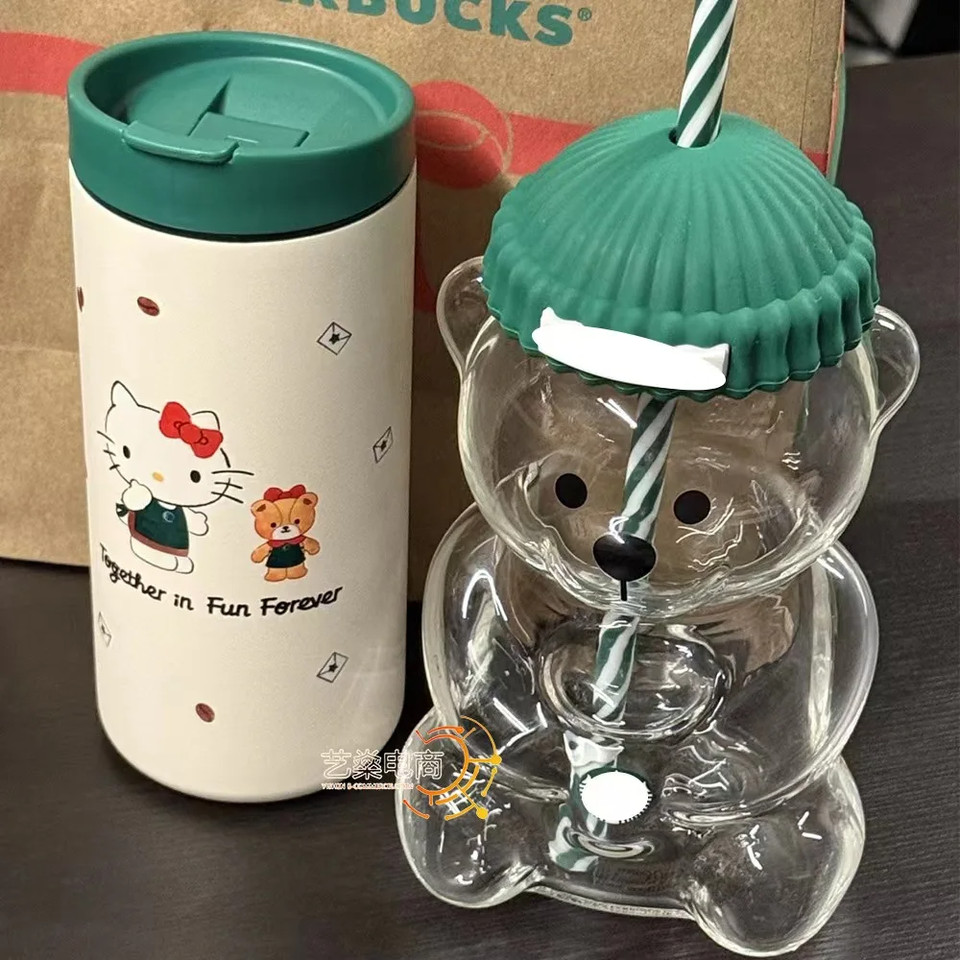 New For Starbucks Cute Animal Bear Straw Glass Transparent Glass For Men Women Birthday Christmas Gi