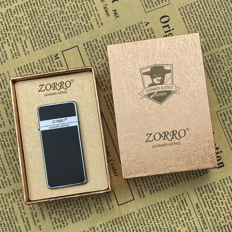 Zorro Ultra-thin Gold Label Bright Chrome Resin Black  Lighter Retro Windproof Men's Gift Good Quali