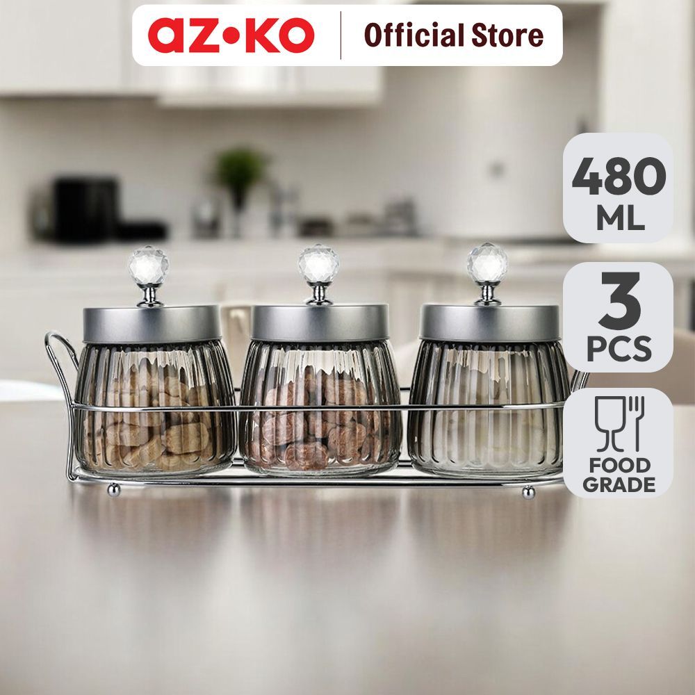 AZKO Picas 480 ml Set 3 Pcs Stoples Kaca Crystal Dengan Rak - Silver Jar Tempat Simpan Snack Dan Per