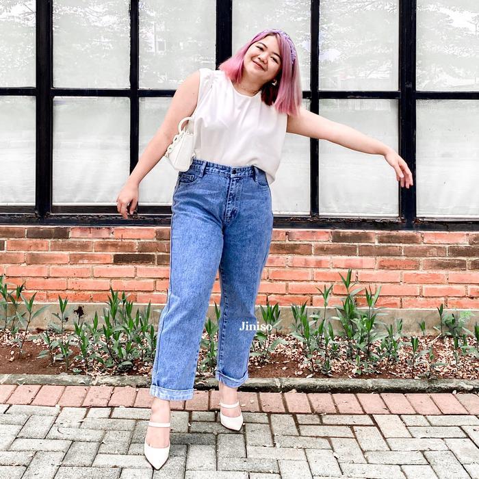 REAL CURVY - JINISO Jumbo Boyfriend Celana Jeans Wanita Warna Denim HighWaist - 1302, 35