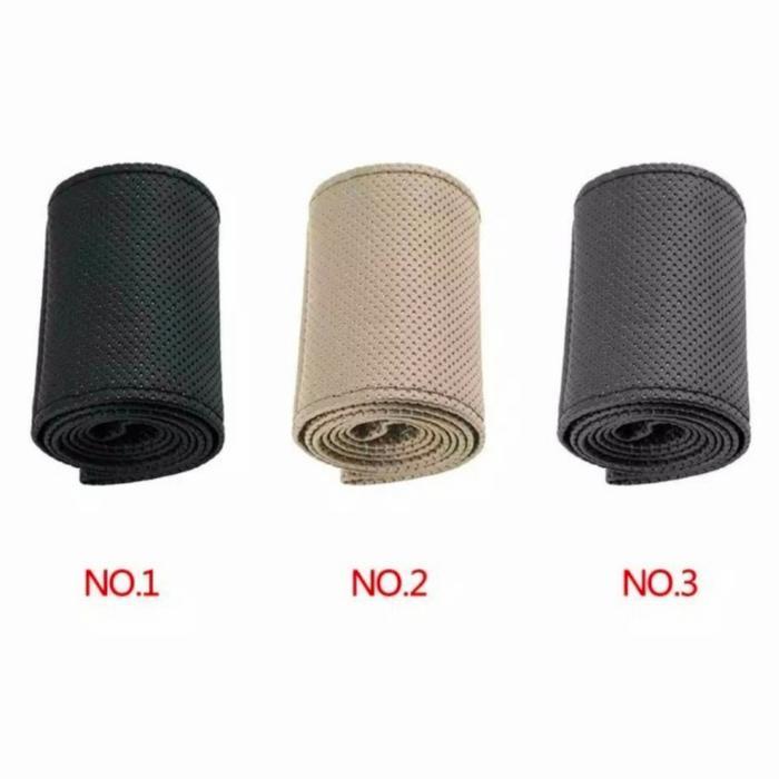 Cover Stir/Sarung Stir Bahan Kulit dengan Benang Jahit untuk Mobil - HITAM 38cm