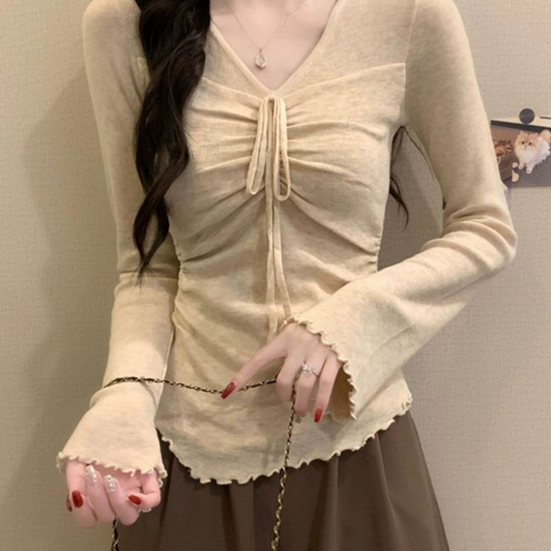 [ COD~]JelitaCeria Khaki lengan panjang rajutan kemeja bawah suasana awal musim gugur wanita unik da