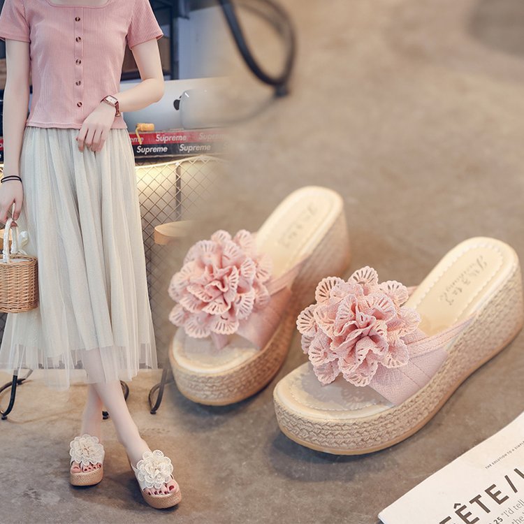 [COD]Sandal platform dengan hak wedges bermotif bunga manis untuk wanita.