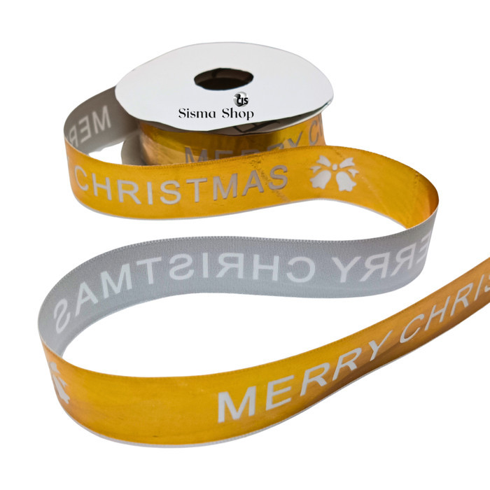 Pita Kardo Motif Natal / Christmas Ribbon Deer 1,5 cm Bahan Satin Warna Gold (1 Gulung)
