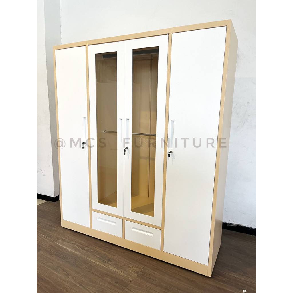 Lemari Baju Besi 4 Pintu Pakaian Lampu LED Metal Wardrobe Jumbo Anti Rayap Mebel Furniture MCS Semar