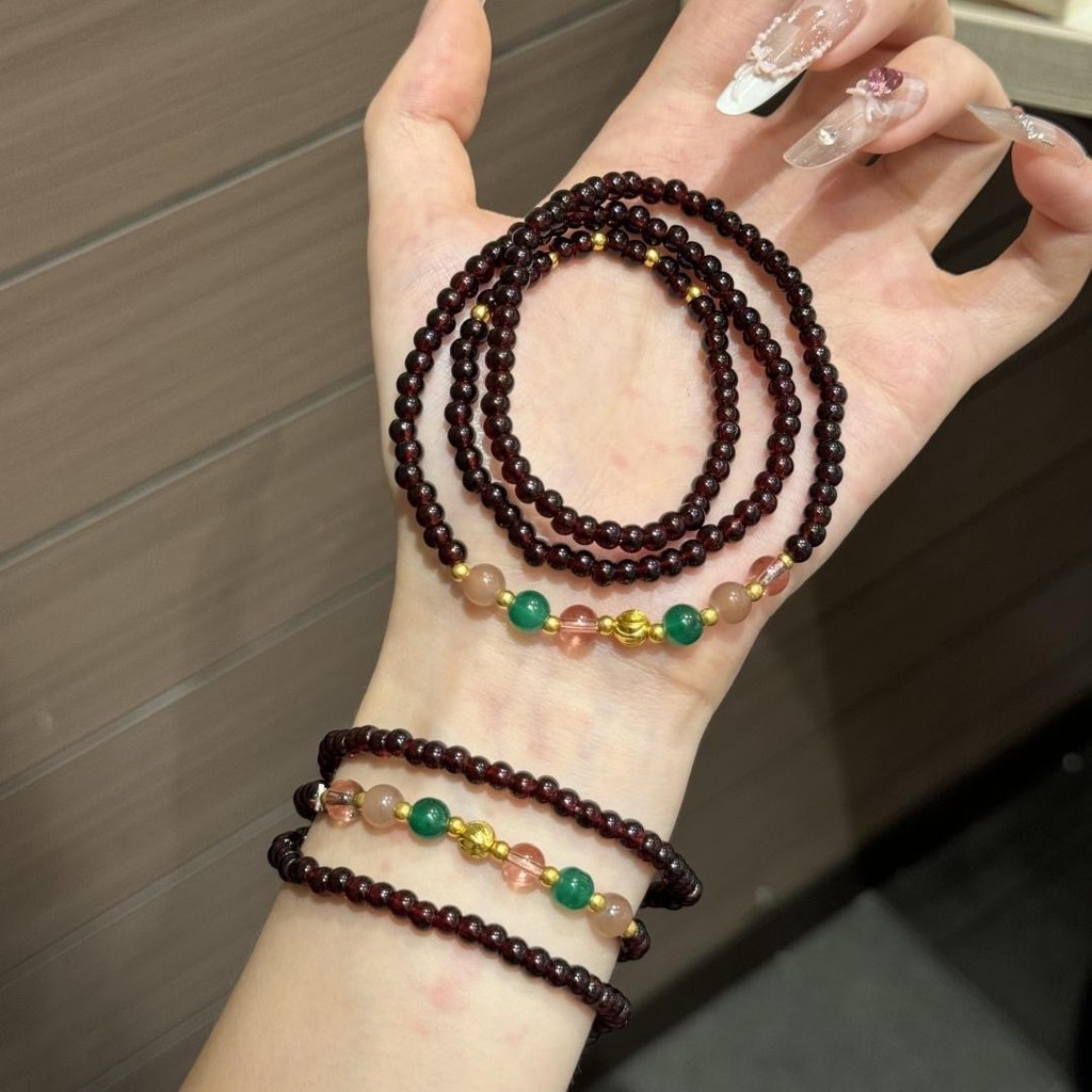 Gelang Merah Delima Tiga Lingkaran Gaya Cina Tanpa Inlay Kaca Keberuntungan Vintage Temperamen Gelan