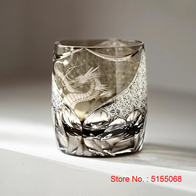 Chinese Style Loong Edo Kiriko Whiskey Glass Hand Engraved Dragon Amber Crystal Brandy XO Rock Wine 