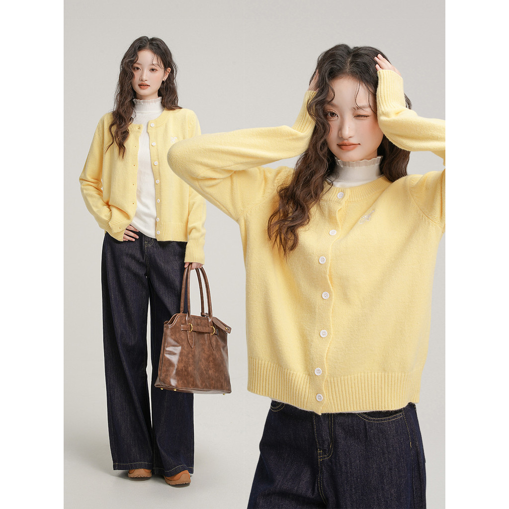 Atasan Cardigan Lengan Panjang Rajut Bordir Gaya Chanel Kecil Kuning