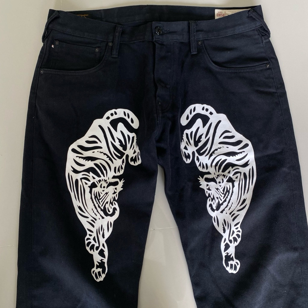 big selle Evisu Lot 2000 Twin Tigers Black Selvedge Denim Jeans