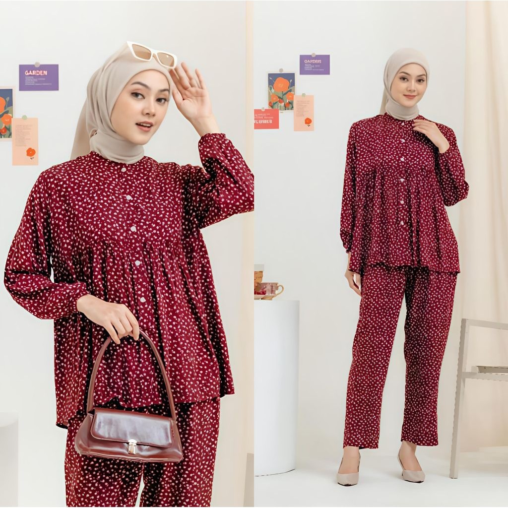 One Set Fika Bunga Rayon Twill Wanita Terbaru // Setelan Wanita Rayon Twill Trendy // One Set Rayon 