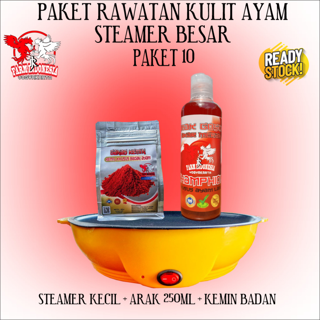 Paket Rawatan kulit ayam Arak Gosok Champions 250 ml, Ganas Kemin Bubuk dan penghangat ayam.