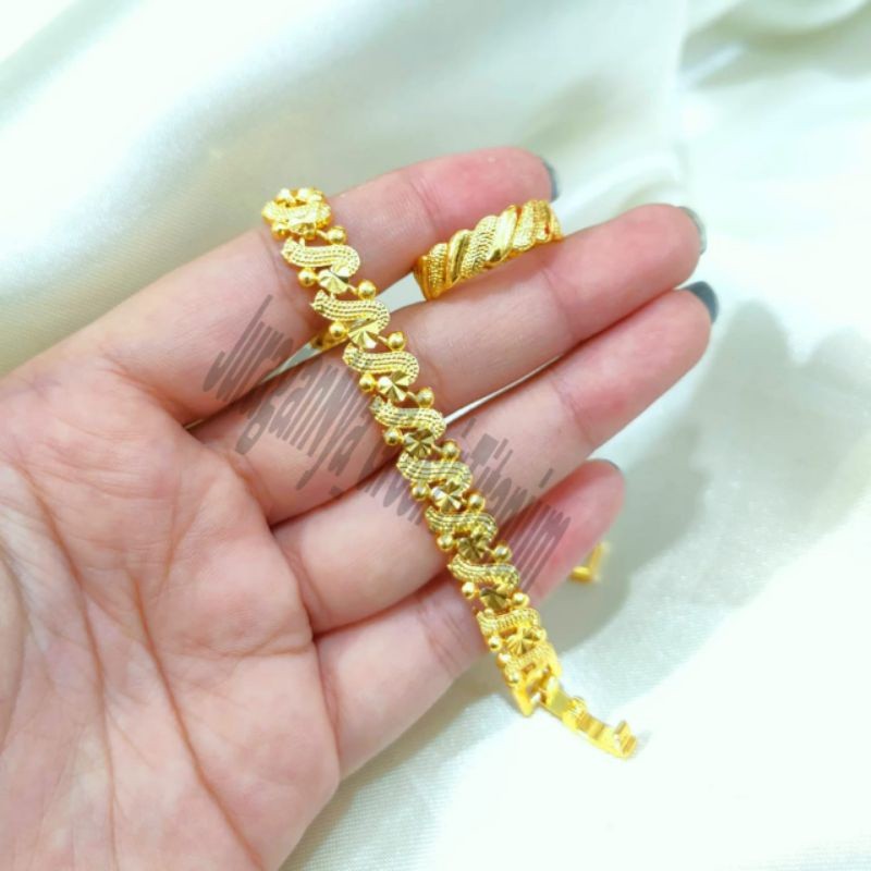 GELANG+CINCIN Titanium emas Hongkong 24k perhiasan fashion Korea anti karat&anti luntur