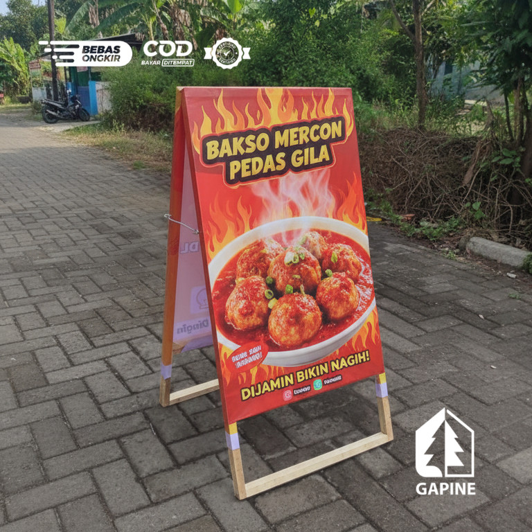 Stand Banner Kayu Portable – Display Promosi Usaha UMKM, Jajanan, Booth, FREE Desain Banner CustoM
