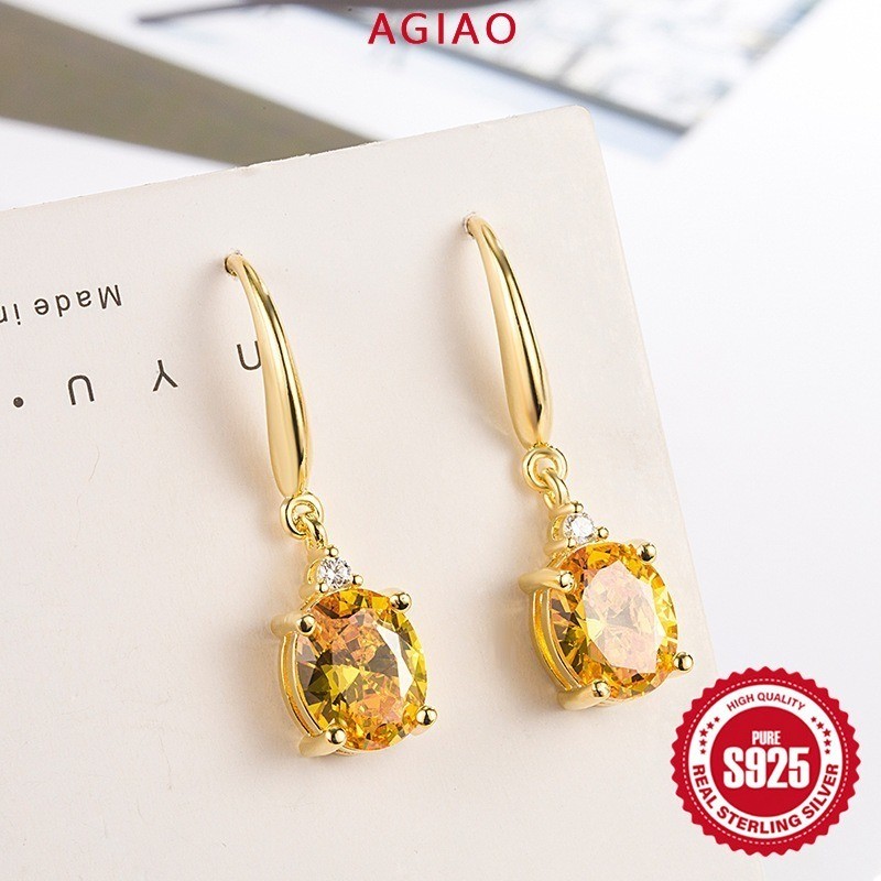 AGIAO Anting Wanita Bentuk Telur Berlapis Emas PT950 Zircon 5A Berlian Kuning