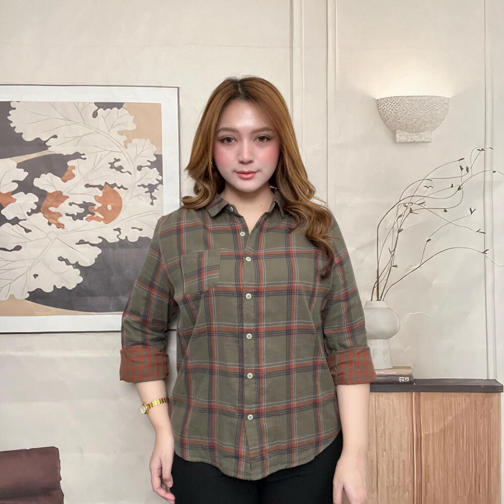 Kemeja Wanita TENDBLANK Terbaru | Atasan Flanel Motif Kotak Hijau Army-Orange dengan Kerah Kemeja | 
