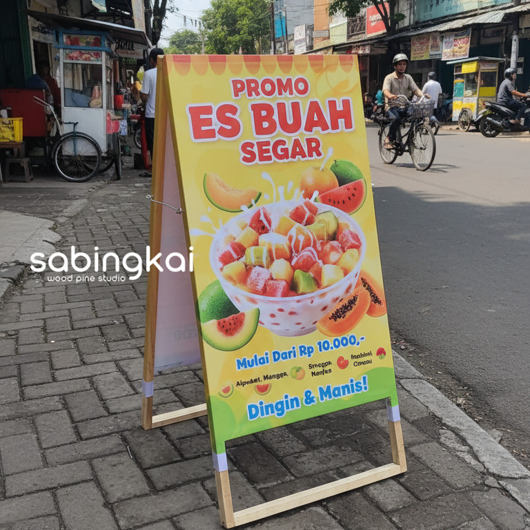 Stand Banner Kayu Portable – Display Promosi Usaha UMKM, Jajanan, Booth, FREE Desain Banner CustoM