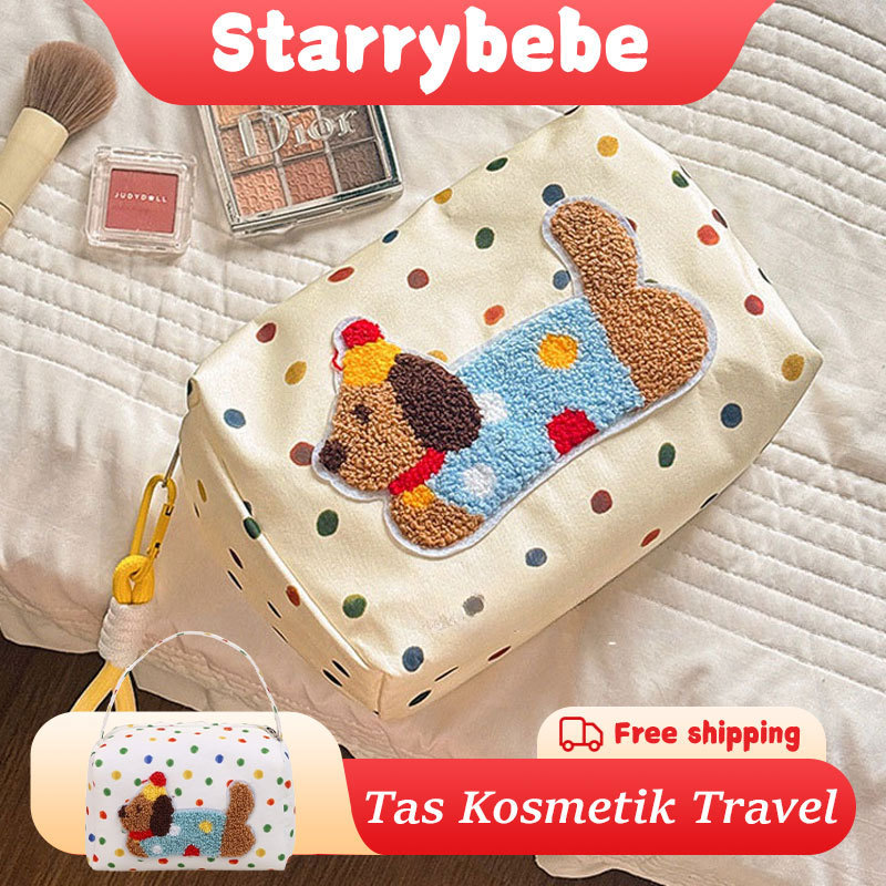 Tas riasan anjing polka dot/Mini Tas Kosmetik Travel Kawaii Yang Lucu/Tas perlengkapan mandi
