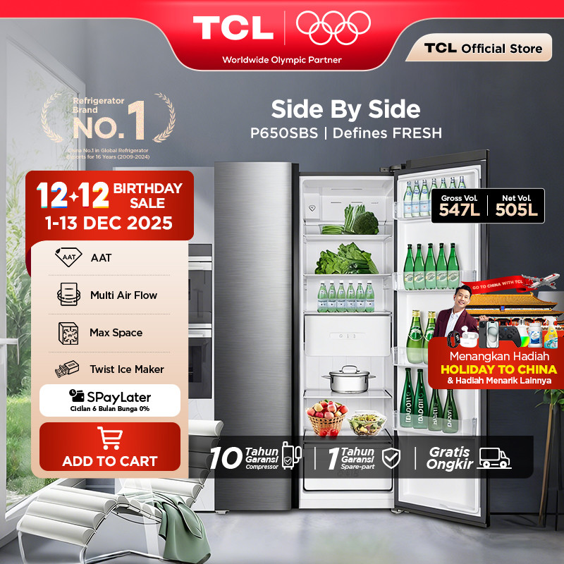 TCL Kulkas 2 Pintu Side by Side – Kapasitas 547L - Metal Gray - Inverter - Lemari Es - P650SBS