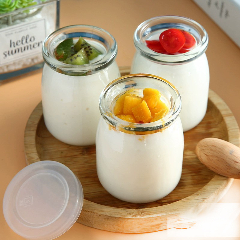 Toples kecil Gejas Jar Tempat Puding Bahan Kaca Tutup Plastik Toples Pudding Tutup Plastik / Jar Kac