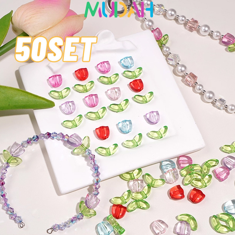 50set Diy Craft Bahan Bunga Tulip/Manik Tulip Bunga Aestetik/Manik Kaca Bunga