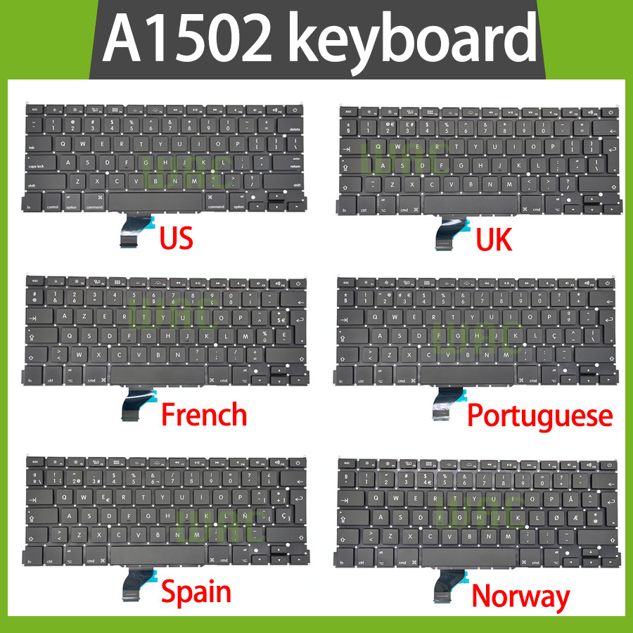 New test Laptop A1502 Keyboard US UK Spain Russian Fren Swiss Portugal Layout For Macbook Pro Retina
