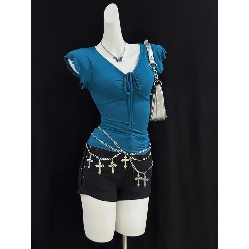 Atasan T-shirt Retro blue strap-on lengan pendek  Amerika miring bahu pinggang desain ramping  musim