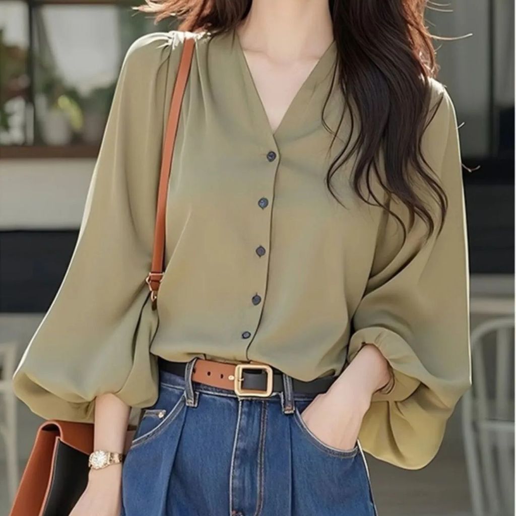 Kemeja lengan panjang wanita baru V-neck outerwear top