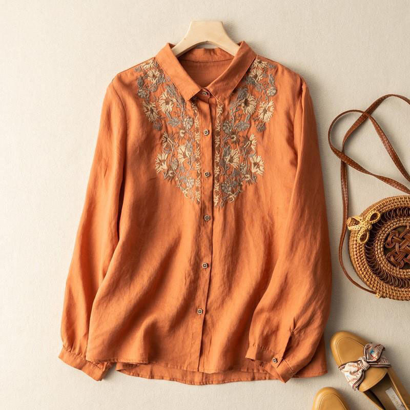 Kemeja Katun Linen Bordir Kerah Turun Gaya Etnik Retro Baru Blus Longgar Serbaguna