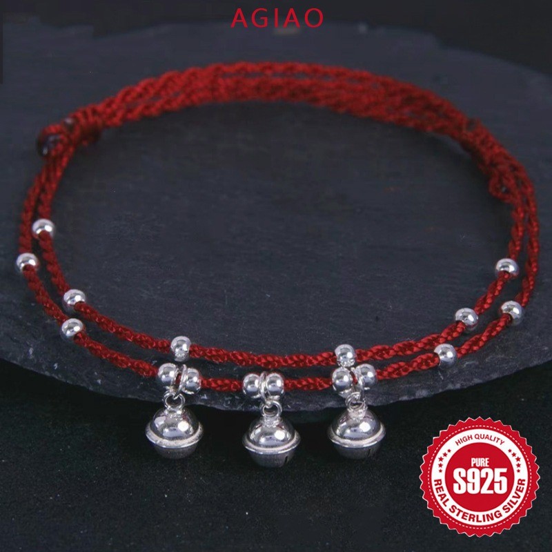 AGIAO Gelang Kaki Wanita Tiga Lonceng Lapisan Ganda Tali Merah