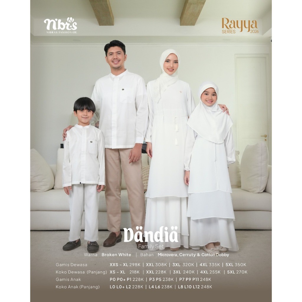 Nibras Sarimbit Keluarga DANDIA WHITE | Gamis & Koko Couple Ayah Ibu Anak | Baju Lebaran Putih Origi